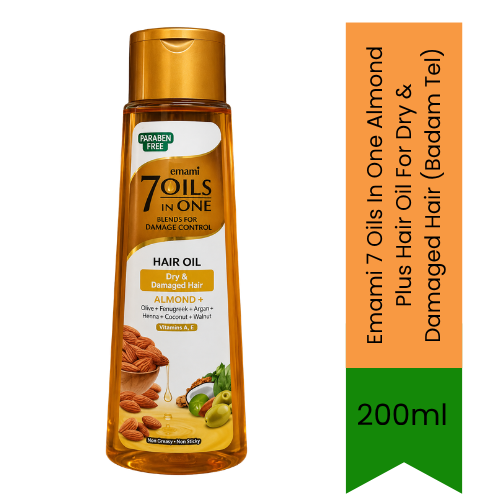 Emami 7 Oils In One Almond Plus Hair Oil For Dry & Damaged Hair (Badam Tel) | 200ml - Premium Pure Herbal Oil for Deep Moisture & Split End Care | Delivers Silky Smooth Texture & Stronger Roots | South Africa | India Bazaar