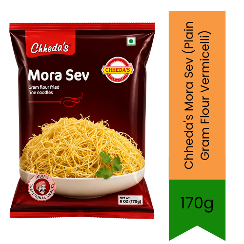 Chheda's Mora Sev (Plain Gram Flour Vermicelli) | 170g - Premium Pure Mild Crunchy Indian Namkeen for Tea Time & Daily Snacking | Delivers Authentic Crispy Non-Spicy Flavor | South Africa | India Bazaar