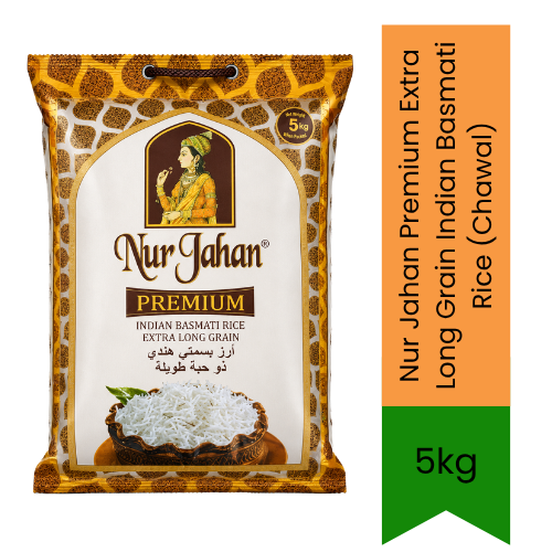Nur Jahan Premium Extra Long Grain Indian Basmati Rice (Chawal) | 5kg - Aged Slender Grain for Fluffy Everyday Pulao & Biryani, Non-Sticky Premium Texture | South Africa | India Bazaar