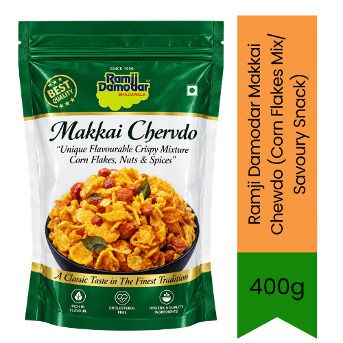 Ramji Damodar Makkai Chewdo (Corn Flakes Mix/ Savoury Snack) | 400g - Premium Crunchy Snack | Traditional Spiced Corn Flakes Namkeen Mix | South Africa | India Bazaar