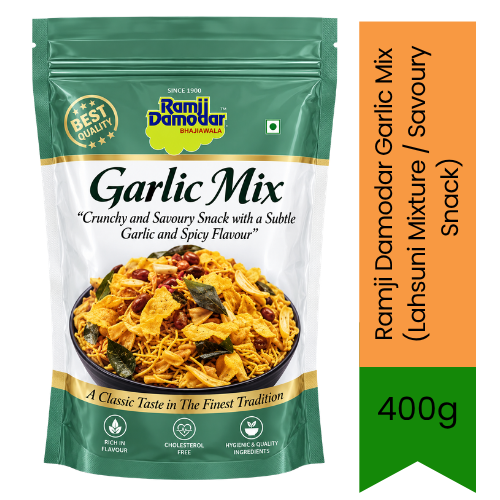 Ramji Damodar Garlic Mix (Lahsuni Mixture / Savoury Snack) | 400g - Premium Crunchy Namkeen | Traditional Spiced Garlic Flavoured Snack | South Africa | India Bazaar