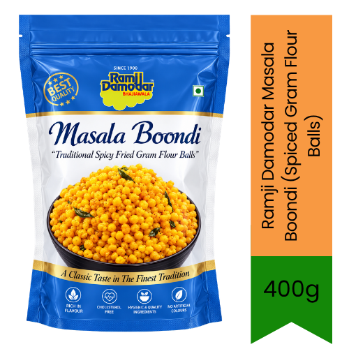 Ramji Damodar Masala Boondi (Spiced Gram Flour Balls) | 400g - Premium Crunchy Namkeen | Crispy Spiced Boondi for Raita & Snacking | South Africa | India Bazaar