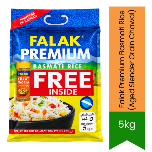 Falak Premium Basmati Rice (Aged Slender Grain Chawal) | 5kg - Highly Aromatic Non-Sticky Rice for Uniform Cooked Grain Length & Everyday Dining Excellence | South Africa | India Bazaar