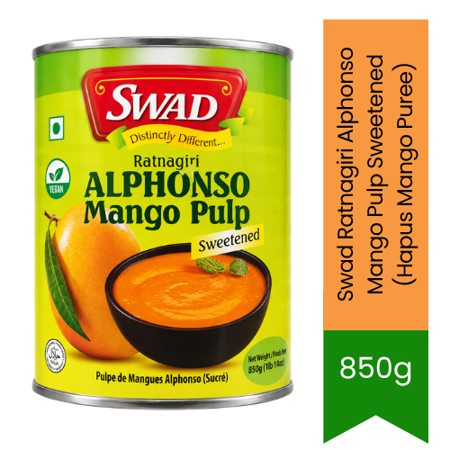 Swad Ratnagiri Alphonso Mango Pulp Sweetened (Hapus Mango Puree) | 850g - Premium Fruit Dessert Pulp | Rich Flavor, Smooth Texture & Natural Sweetness | South Africa | India Bazaar