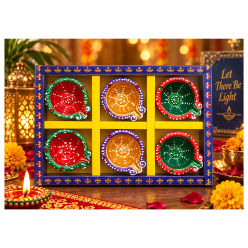 Generic Diwali Fancy Diya Set (Mitti Ke Diye) | Set of 6 - Handcrafted Decorated Clay Oil Lamps for Festive Home Decor, Pooja Light & Lakshmi Prayers | South Africa | India Bazaar