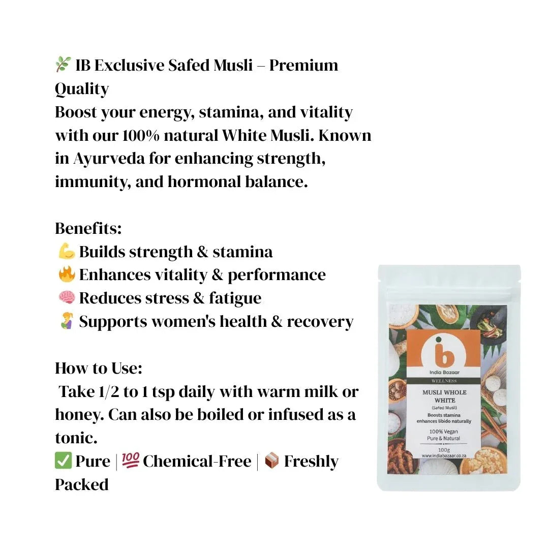 IB Wellness Musli Whole White Premium Ayurvedic Roots (Safed Musli Whole) | 100g - High Quality Vitality Superfood Herb for Energy Boosting, Joint Strength & Daily Longevity | South Africa | India Bazaar