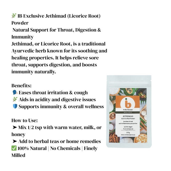 IB Wellness Jethimad (Licorice Root) Powder – Natural Soothing Herb for Cough, Digestion & Immunity