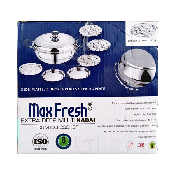 Max Fresh Extra Deep Multi Kadai and Idly pot or cooker 8Pc Set