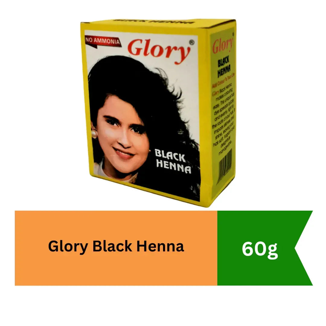 Glory Black Henna Powder (Herbal Mehendi Color) | 60g Pack - Fast 100% Grey Coverage Jet-Black Dye, Restores Youthful Glossy Shine & Scalp Strength | South Africa | India Bazaar