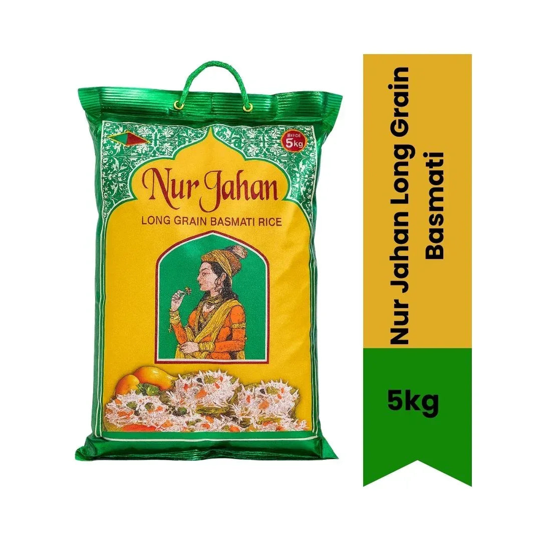 Nur Jahan Basmati Rice (Premium Long Grain Chawal) - Selected Slender Grain for Fluffy Everyday Steamed Rice & Pulaos, Non-Sticky Light Texture | South Africa | India Bazaar