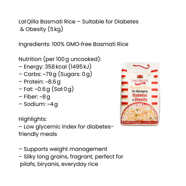 Lal Qilla Basmati Rice – Suitable for Diabetics & Obesity Care (Low GI, 5kg)