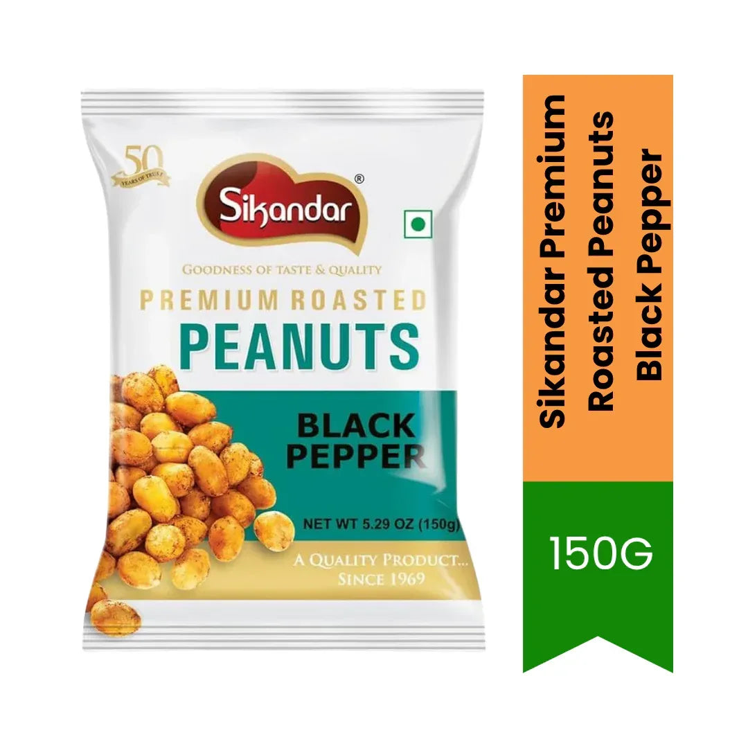 Sikandar Roasted Peanuts Black Pepper (Kali Mirch) | 150g - Spicy Pepper Flavoured Peanut Snack, Crunchy Heat Ready-to-Eat Namkeen | South Africa | India Bazaar