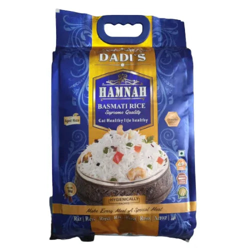 Dadi's Hamnah Basmati Rice (Premium Aged Chawal) | 5kg - Selected Slender Grain for Fluffy Everyday Steamed Rice & Pulaos, Non-Sticky Light Texture | South Africa | India Bazaar