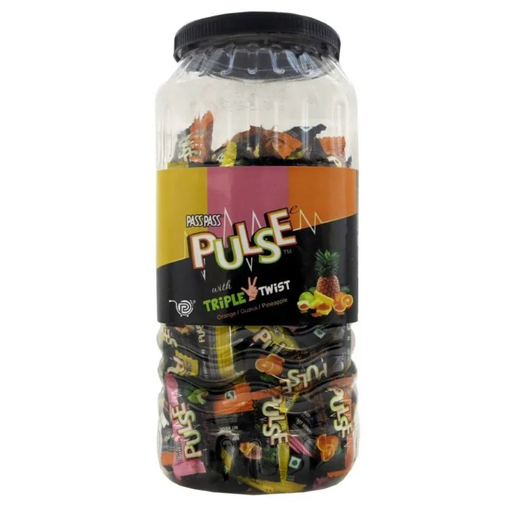 Passpass Pulse Triple Twist Candy Mega Pack | 708.75g - Assorted Multi-Flavour hard Candies with Tangy Core Core Filling, Perfect Festive Party Mix | South Africa | India Bazaar