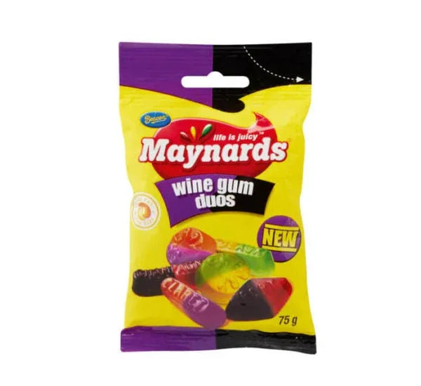 Maynards Wine Gum Duos Bulk Pack | 1.8kg (24 x 75g) - Double-Flavoured Fruity Chewy Gummy Candies for Kids Parties & Sweet Tucks Shop Supplies | South Africa | India Bazaar