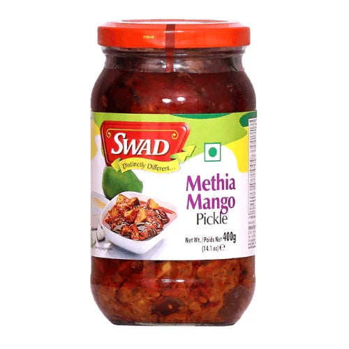Swad Methia Mango Pickle (Gujarati Methi Keri Nu Athanu) | 400g - Premium Split Fenugreek Seed & Mustard Oil Mango Pickle, Bold Layered Traditional Taste | South Africa | India Bazaar