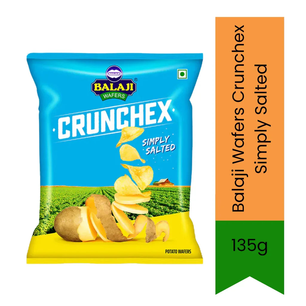 Balaji Crunchex Simply Salted Potato Chips (Aloo Wafers) | 135g - Classic Crispy Salted Potato Wafers for Movie Nights, Dips & Picnic Bowls, Ready-to-Eat Crisps | South Africa | India Bazaar