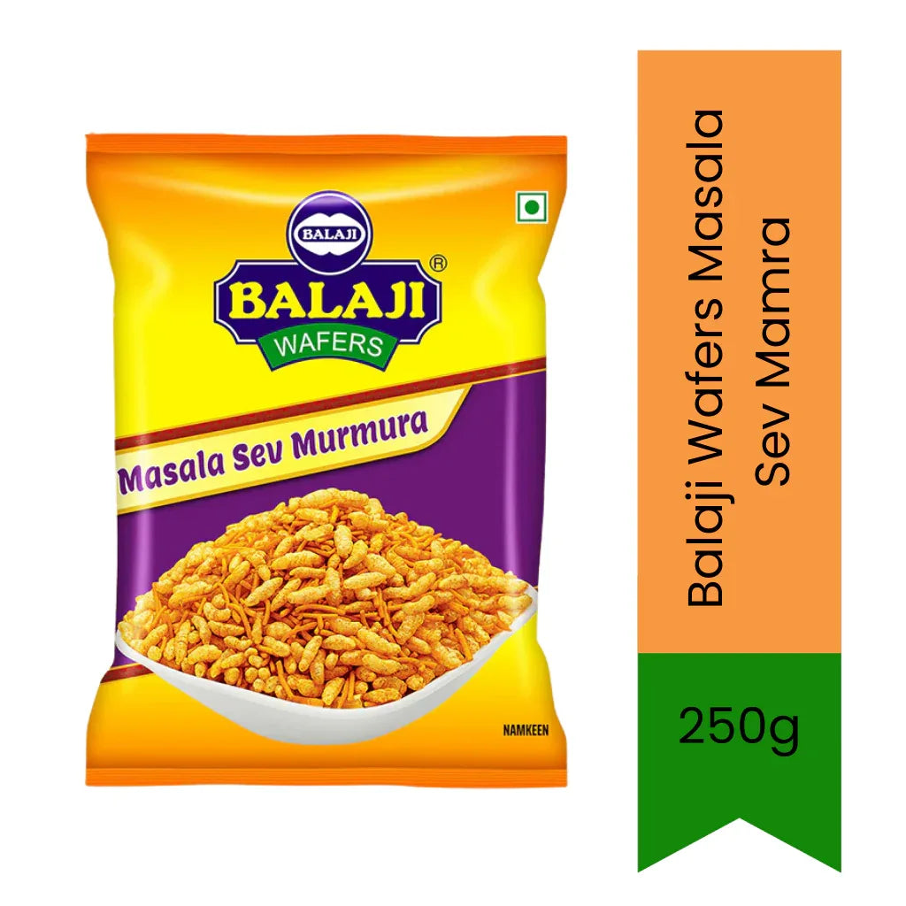 Balaji Spicy Puffed Rice Mix Masala Sev Mamra (Sev Murmura Namkeen) | 250g - Crunchy Indian Savoury Snack Mix for Bhel Puri Making & Cocktail Parties, Hot & Tangy Flavour | South Africa | India Bazaar