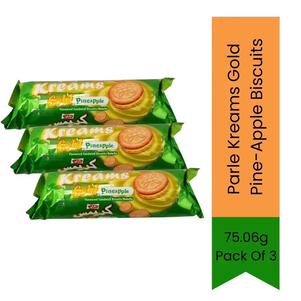 Parle Kreams Gold Pineapple Cream Biscuits (Ananas Cream Biscuit) | 75.06g (Pack of 3) - Tropical Pineapple Cream Sandwich Cookie for Exotic Snacking & Afternoon Tea, Sweet Crunch | South Africa | India Bazaar