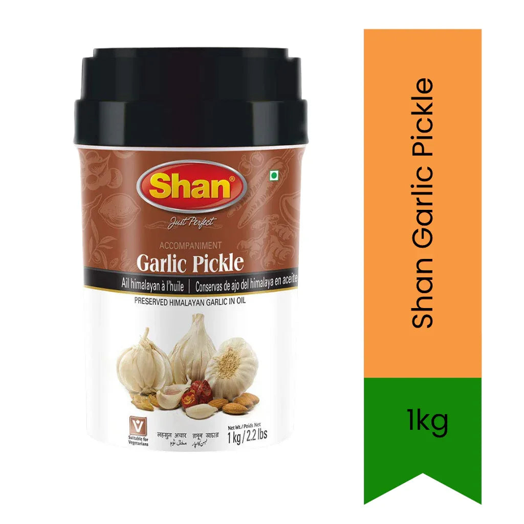 Shan Garlic Pickle (Lasan Ka Achar Mega Pack) | 1kg - Bold Sharp & Pungent Peeled Garlic Cloves Infused in Mustard Oil Spices, Ultimate Appetite Booster | South Africa | India Bazaar