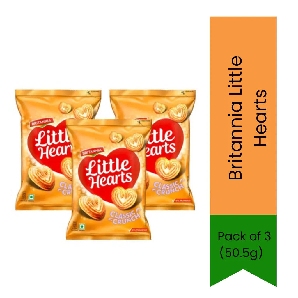 Britannia Little Hearts Sugar Coated Biscuits | 151.5g (50.5g x 3 Multipack) - Crispy Golden Heart-Shaped Sweet Glazed Cookies, Light Tea Time Snack | South Africa | India Bazaar