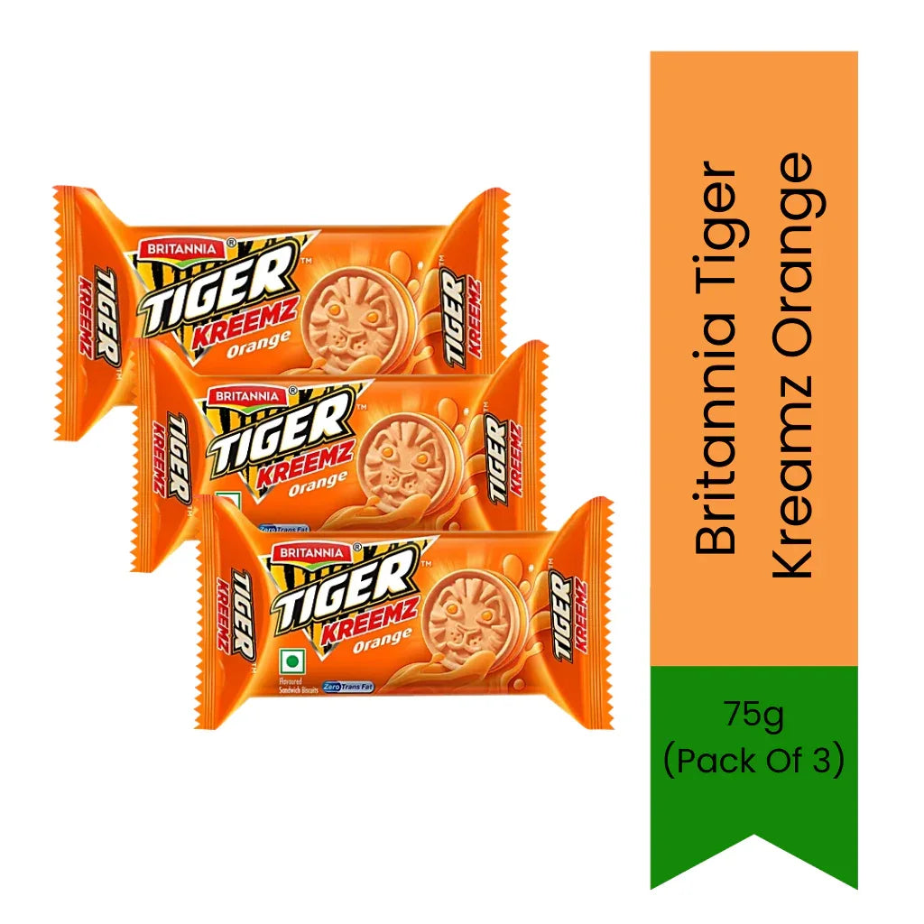 Britannia Tiger Kreemz Orange Biscuits | 3 Pack x 75g - Crunchy Sweet Fruity Cream Sandwich Biscuits, Fun Lunchbox Treat for Children | South Africa | India Bazaar