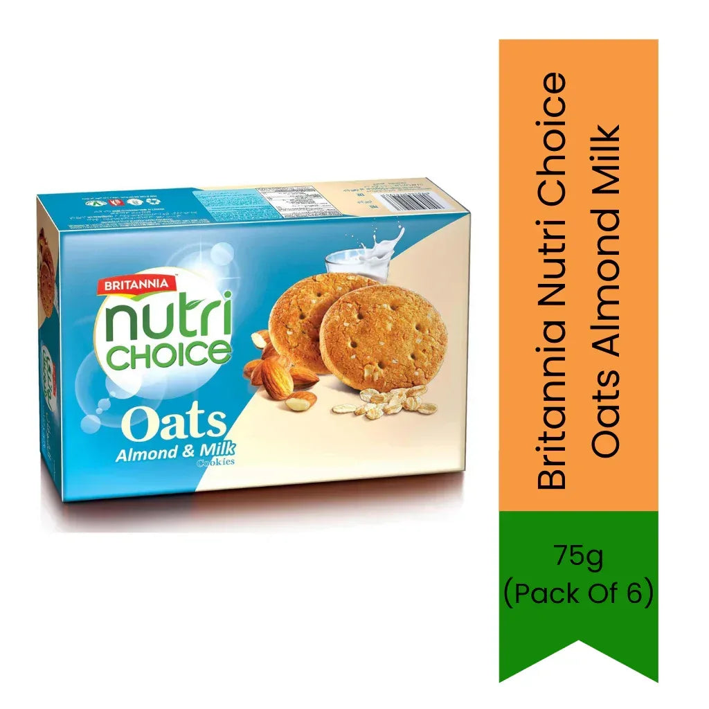 Britannia Nutri Choice Oats Almond Milk Biscuits (Badam Doodh Biscuit) | 75g (Pack of 6) - High Fiber Healthy Breakfast Cookies for Weight Management & Fitness Diets, Nutrient Rich Value Pack | South Africa | India Bazaar