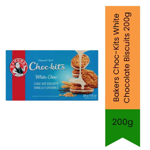 Bakers Choc-Kits White Chocolate Biscuits (Safed Chocolate Biscuit) | 200g - Crunchy Oat Base, Creamy White Choc | Perfect Premium Treat, Dessert Topping & Tea Companion | South Africa | India Bazaar