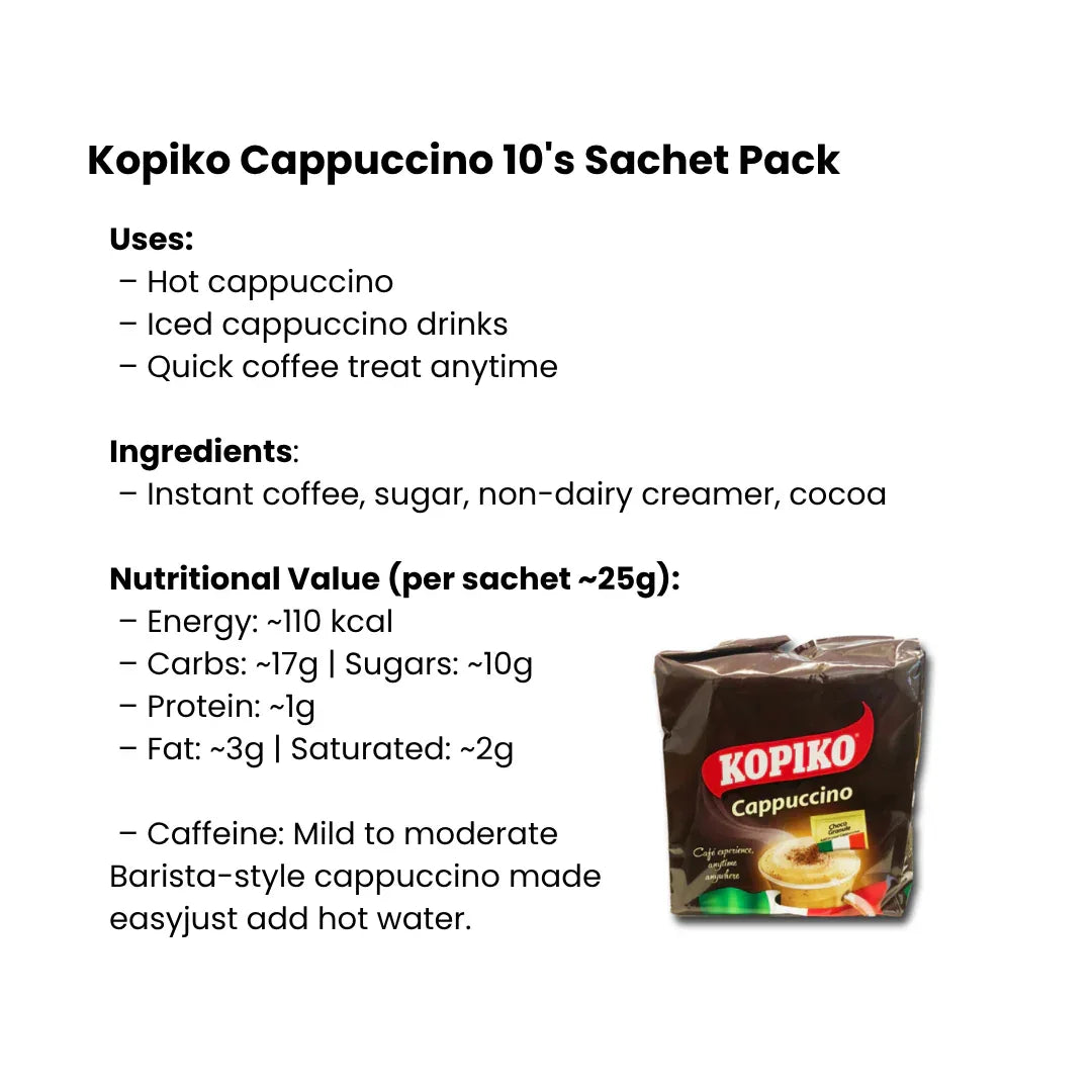 Kopiko Cappuccino Coffee (Coffee Sachet / Instant Coffee) | 10's Sachet Pack - Premium Instant Coffee | Rich & Creamy Cappuccino with Choco Granules | South Africa | India Bazaar