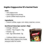 Kopiko Cappuccino Coffee (Coffee Sachet / Instant Coffee) | 10's Sachet Pack - Premium Instant Coffee | Rich & Creamy Cappuccino with Choco Granules | South Africa | India Bazaar