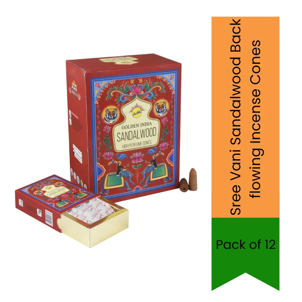 Sree Vani Sandalwood Backflow Incense Cones (Chandan Dhoop) | 12-Pack Multipack - Premium Woody Cascade Smoke Cones for Visual Serenity & Spiritual Focus | South Africa | India Bazaar