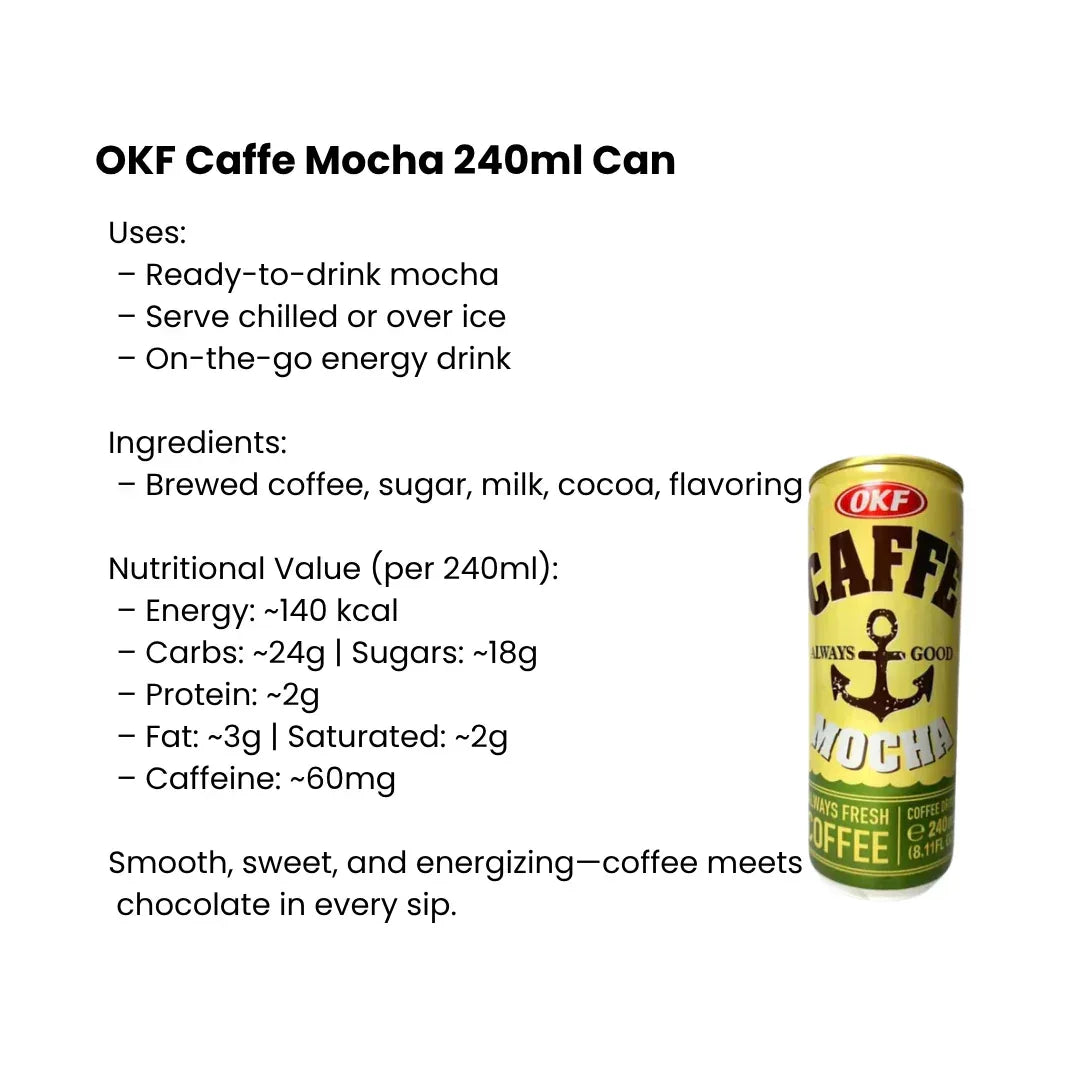 OKF Caffe Mocha Coffee Drink | 240ml Can - Rich Chocolate Infused Sweet Iced Espresso Cooler, Refreshing Gourmet Afternoon Caffeine Pick-Me-Up | South Africa | India Bazaar