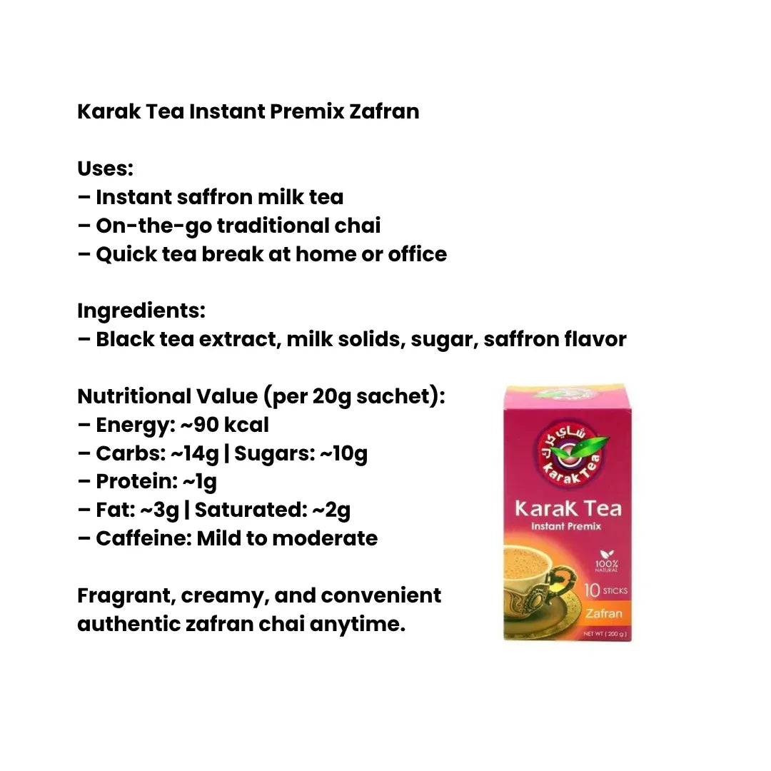 Karak Tea Instant Premix Zafran (Saffron Karak Chai Sweetened) | Box Pack - Premium 3-in-1 Royal Saffron Milk Tea Powder, Instant Aromatic Warming Drink | South Africa | India Bazaar