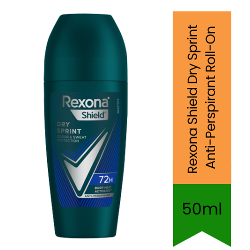 Rexona Shield Dry Sprint Anti-Perspirant Roll-On (Roll-on Deodorant) | 50ml - Premium Active Protection | 48H Sweat & Odour Defense | Energizing Sprint Fragrance | South Africa | India Bazaar