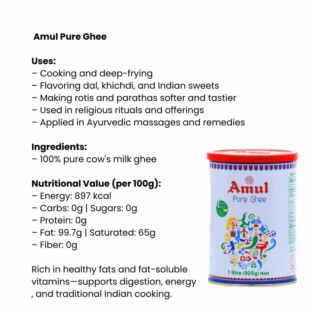 Amul Clarified Butter (Pure Ghee) 1L | Premium Cooking Fat for Frying, Baking, Roasting & Toast | Rich, Buttery & Naturally Lactose-Free | South Africa | India Bazaar
