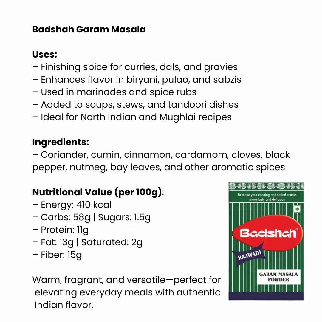 Badshah Rajwadi Garam Masala (Royal Spice Blend) | 100g - Premium Whole Spice Ground Finishing Powder for Rich Festive North Indian Curries & Biryanis | South Africa | India Bazaar