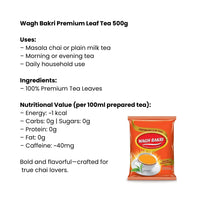 Wagh Bakri Premium Leaf Tea (Strong Spiced Chai Base) | 500g - Iconic Bold Assam Black Tea Grits for Making Traditional Milky Gujarati Masala Chai | South Africa | India Bazaar