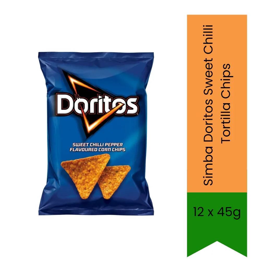 Simba Doritos Sweet Chilli Tortilla Chips | 12 x 45g - Crunchy Corn Chips for Parties & Sharing, Sweet Spicy Flavor & Multipack Value | South Africa | India Bazaar