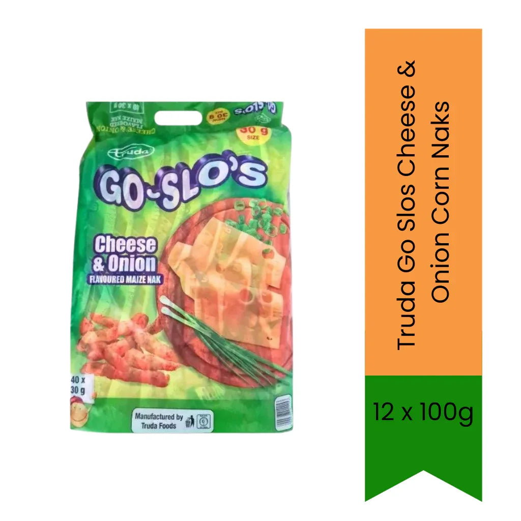 Truda Go Slos Cheese & Onion Corn Snacks | 12 x 100g - Crunchy Corn Chips for Parties & Sharing, Rich Cheese Flavor & Value Multipack | South Africa | India Bazaar