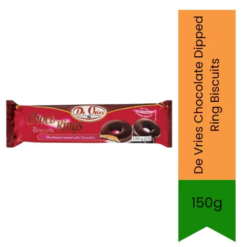 De Vries Chocolate Dipped Ring Biscuits 150g | Chocolate Coated Biscuits for Snacking, Tea Time & Desserts | Crunchy Texture with Rich Chocolate Taste | South Africa | India Bazaar