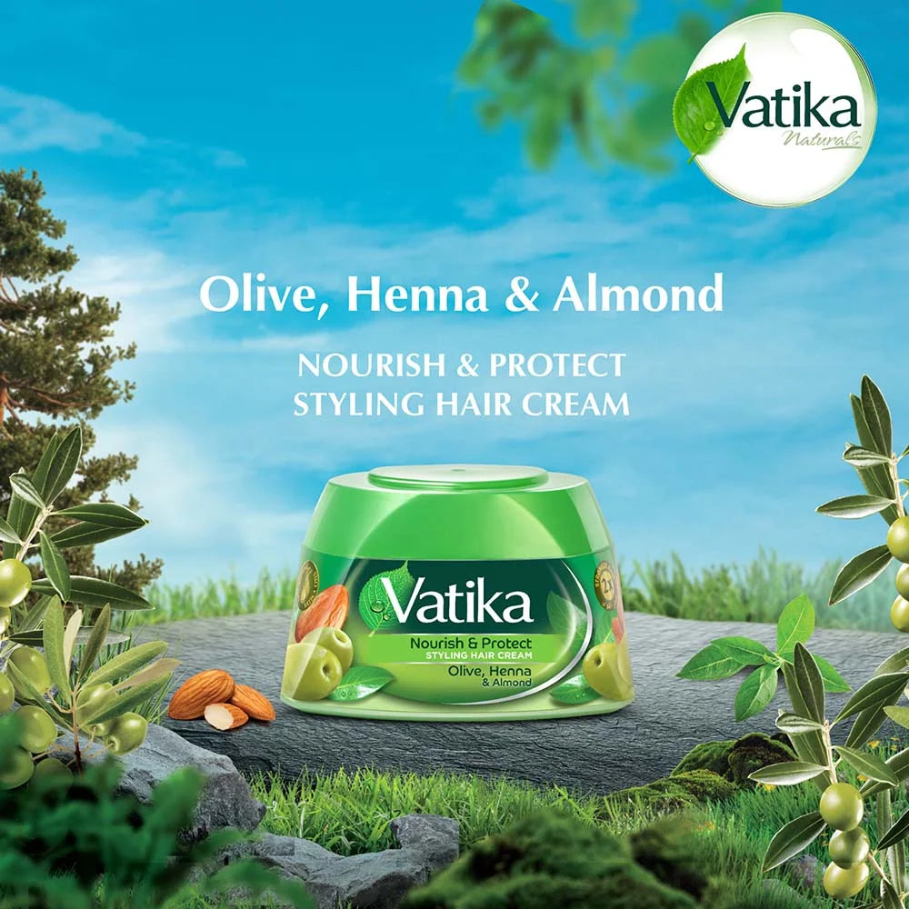 Dabur Vatika Nourish & Protect Hair Styling Cream (Henna & Almond) | 140g - Daily Grooming Protection Polish for Weak Strands, Boosts Moisture & Elasticity | South Africa | India Bazaar