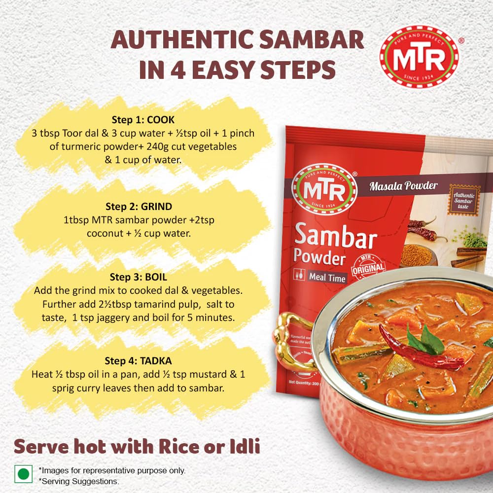MTR Sambar Powder | 200g - Authentic South Indian Masala for Sambar, Lentil Dishes & Curries, Rich Aroma & Homemade Taste | South Africa | India Bazaar