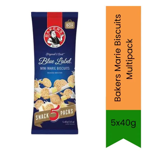 Bakers Marie Biscuits (Classic Marie Biscuit) | Multipack 5x40g - Low Fat, Crispy & Traditional | Perfect for Chai Dunking, Making Biscuit Cake & Travel | South Africa | India Bazaar