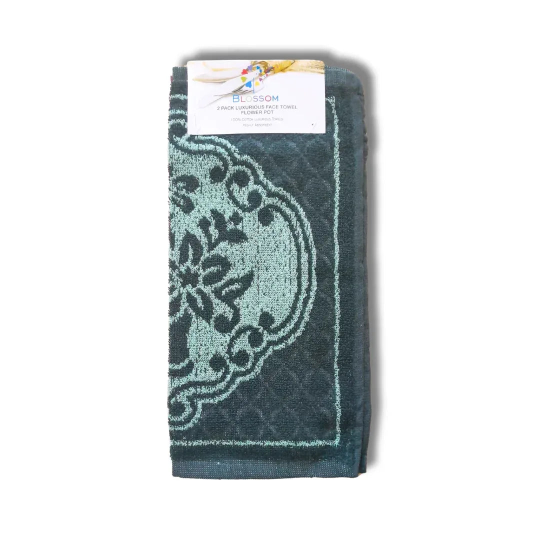 Blossom Luxurious Face Towel Flower Pot Pattern REF#20 | 2 Pack (37x37cm) - Decorative Floral Cotton Washcloths, Highly Absorbent | South Africa | India Bazaar