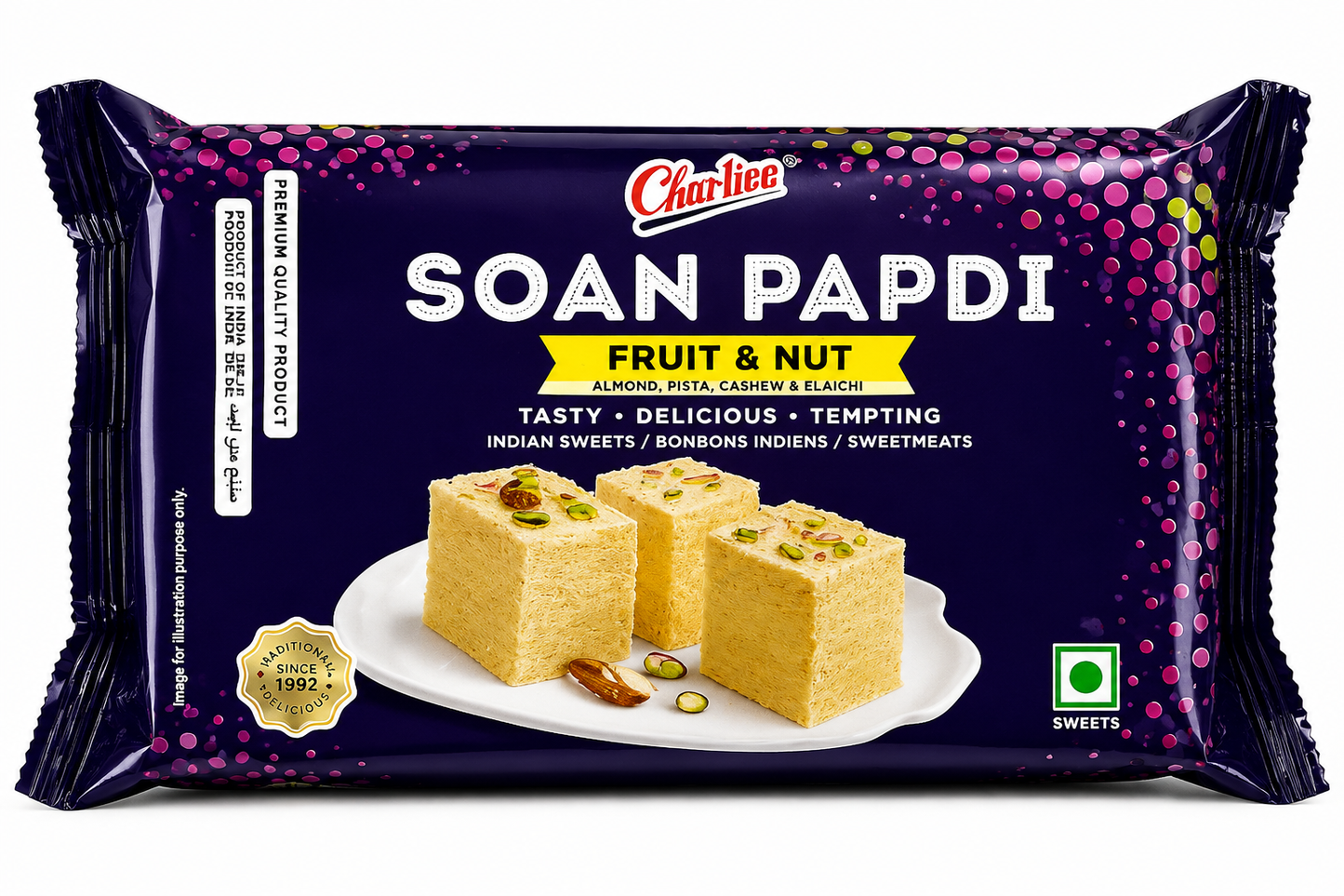 Charliee Premium Fruit and Nuts Soan Papdi (Handmade Dry Fruit Sweet) | 200g - Crunchy Layered Sugar Candy | Premium Mithai Infused with Almonds & Pistachios | South Africa | India Bazaar