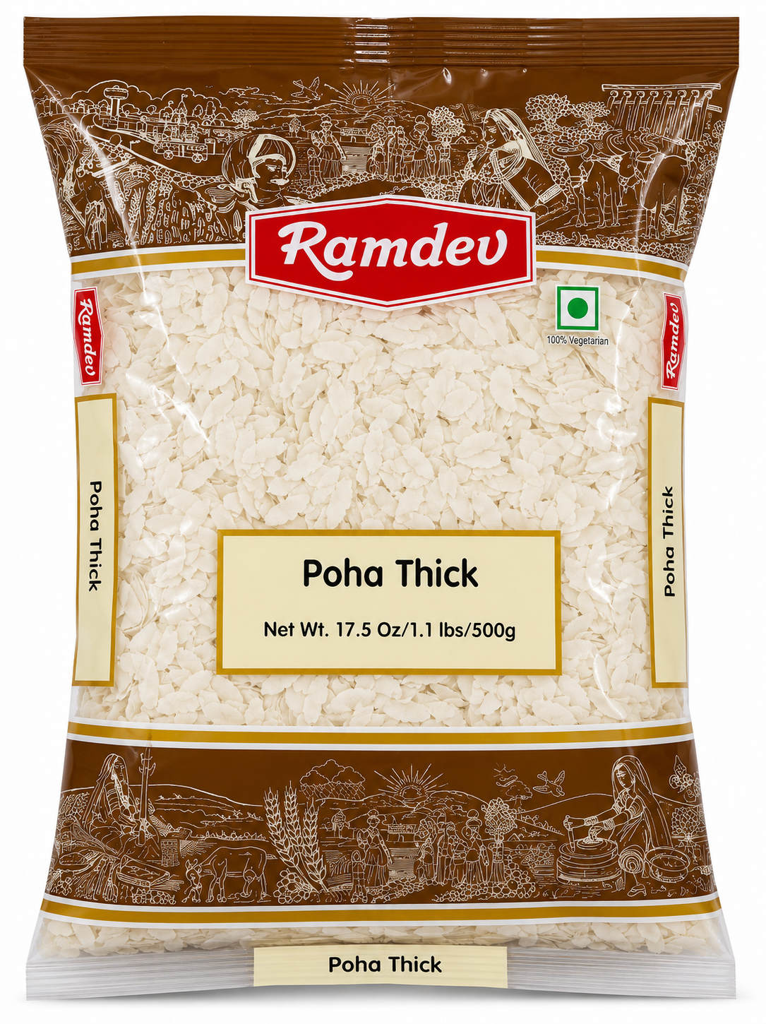 Ramdev Poha Thick (Jada Pauva) | 500g - Premium Flatted beaten Rice Flakes | Ideal for Making Traditional Spiced Breakfast Kanda Batata Poha | South Africa | India Bazaar