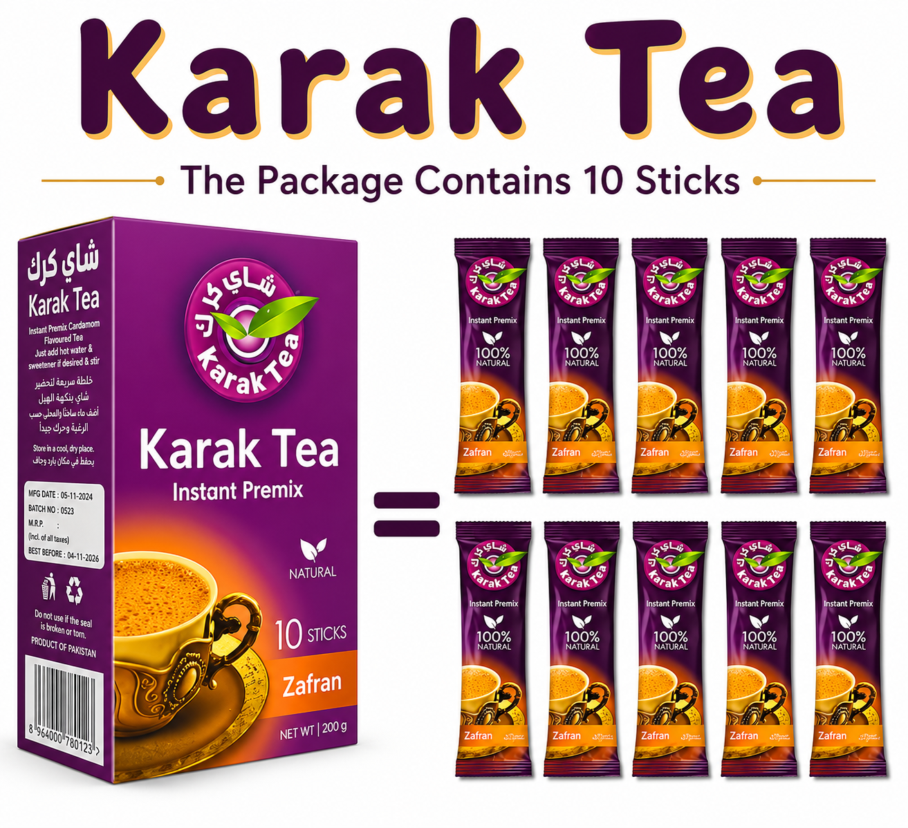 Karak Tea Instant Premix Zafran (Saffron Karak Chai Sweetened) | Box Pack - Premium 3-in-1 Royal Saffron Milk Tea Powder, Instant Aromatic Warming Drink | South Africa | India Bazaar