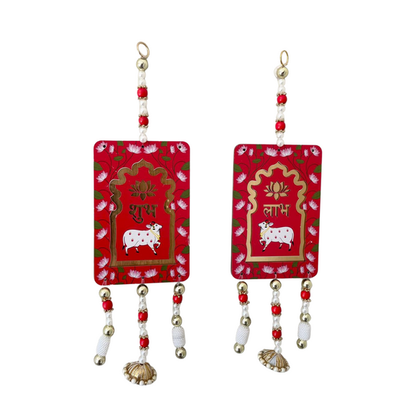 Shubh Labh Wall Hanging Pair – Traditional Red & Gold Cow Design for Auspicious Home Décor