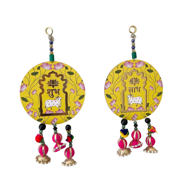 Shubh Labh Wall Hanging Set Yellow – Traditional Ganesh & Cow Design for Home Décor