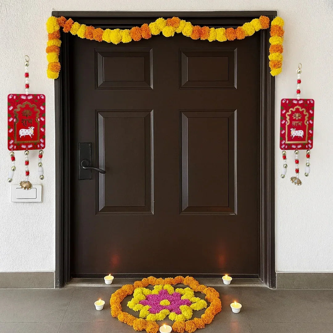 Shubh Labh Wall Hanging Pair – Traditional Red & Gold Cow Design for Auspicious Home Décor